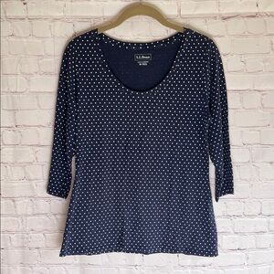 L.L.‎ Bean Navy Blue Polka Dot 3/4 Sleeve Top 100% cotton Womans Size Medium
